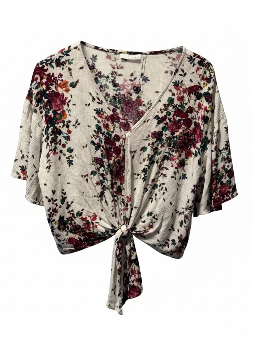 Tie-Front Floral Crop Top - White with Red Floral
Size: Large